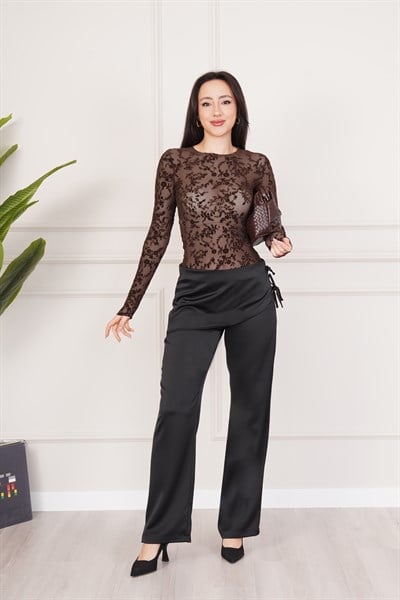 Transparan Dantel Detaylı Uzun Kollu Kahve Crop Bluz