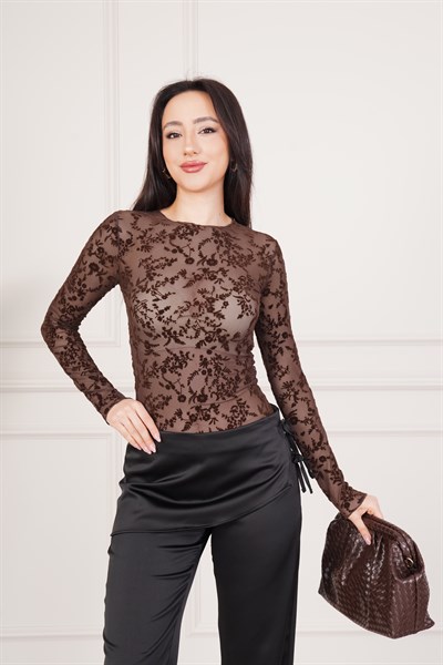 Transparan Dantel Detaylı Uzun Kollu Kahve Crop Bluz
