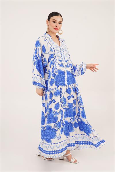 Desenli Düğme Detaylı Hakim Yakalı Salaş Ekru Elbise 