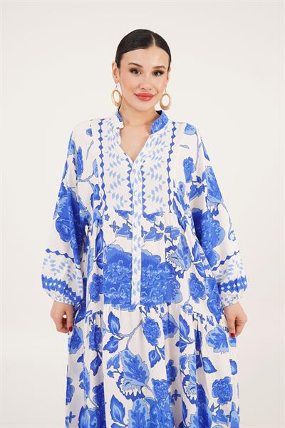 Desenli Düğme Detaylı Hakim Yakalı Salaş Ekru Elbise 