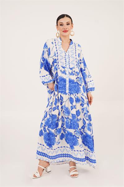 Desenli Düğme Detaylı Hakim Yakalı Salaş Ekru Elbise 