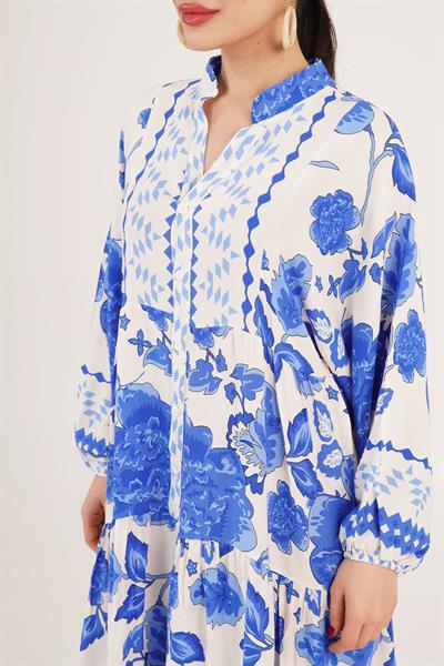 Desenli Düğme Detaylı Hakim Yakalı Salaş Ekru Elbise 