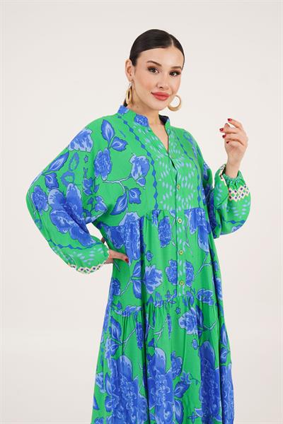 Desenli Düğme Detaylı Hakim Yakalı Salaş Benetton Elbise