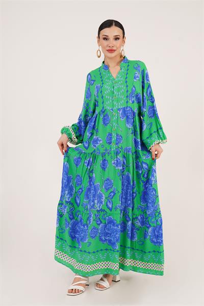 Desenli Düğme Detaylı Hakim Yakalı Salaş Benetton Elbise