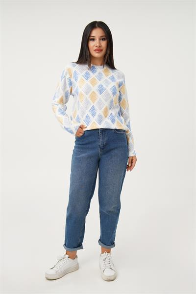 Dijital Baskılı Baklava Desen Ekru Triko Kazak