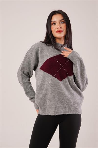 Dik Yaka Baklava Desenli Füme Kazak
