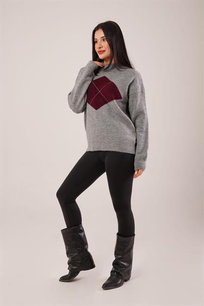 Dik Yaka Baklava Desenli Füme Kazak