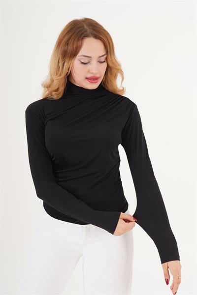 Dik Yaka Büzgülü Sandy Siyah Bluz