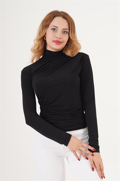 Dik Yaka Büzgülü Sandy Siyah Bluz
