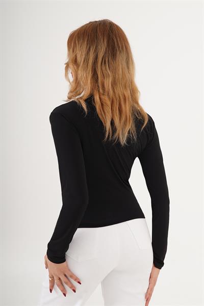 Dik Yaka Büzgülü Sandy Siyah Bluz