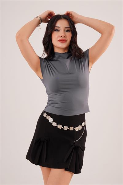 Dik Yaka Kısa Kol Antrasit Bluz