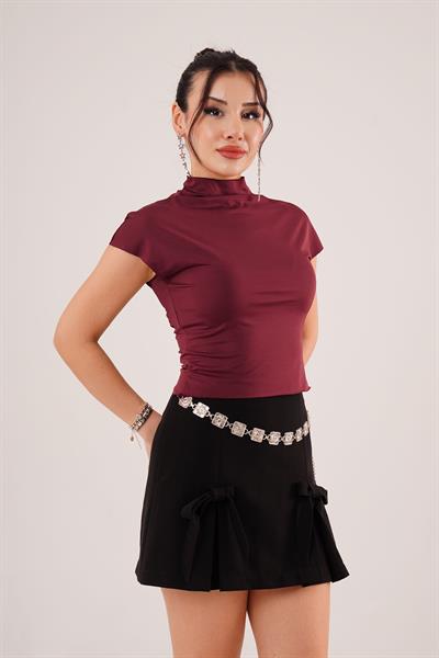 Dik Yaka Kısa Kol Bordo Bluz