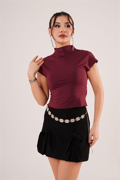 Dik Yaka Kısa Kol Bordo Bluz