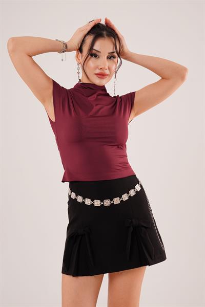Dik Yaka Kısa Kol Bordo Bluz