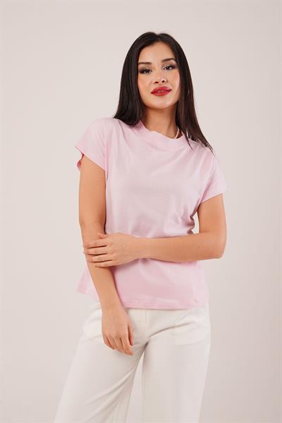 Dik Yaka Kısa Kol Pembe Basic Tişört