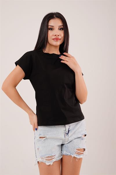 Dik Yaka Kısa Kol Siyah Basic Tişört