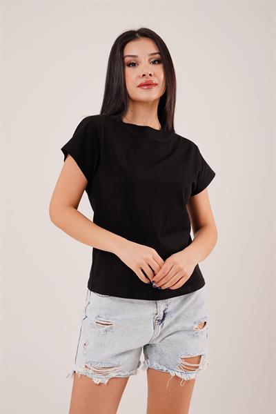 Dik Yaka Kısa Kol Siyah Basic Tişört