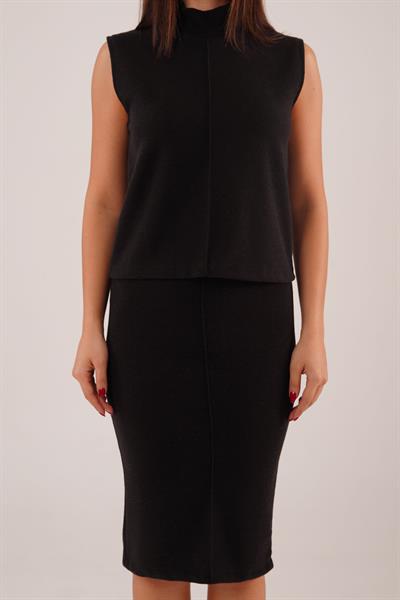 Dik Yaka Ön Dikişli Sıfır Kol Siyah Takım