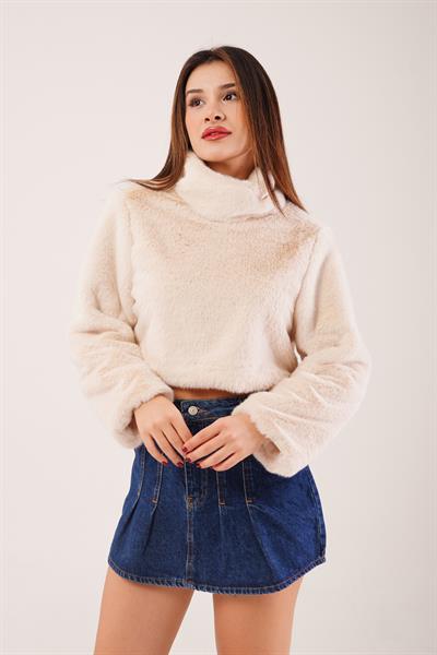 Dik Yaka Peluş Kumaş Bej Crop Sweatshirt