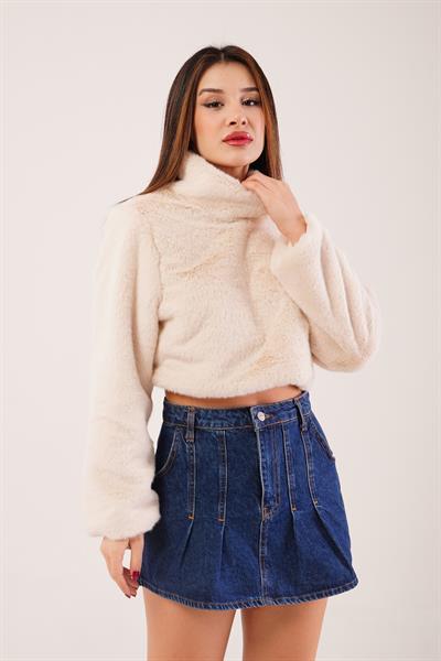 Dik Yaka Peluş Kumaş Bej Crop Sweatshirt