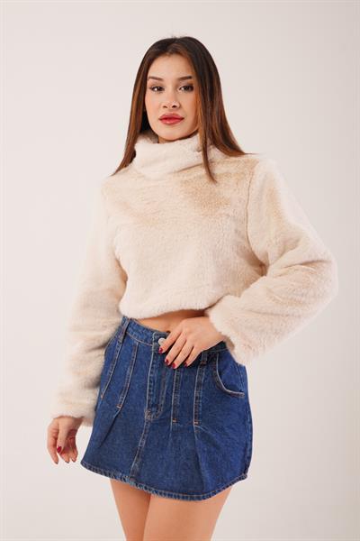Dik Yaka Peluş Kumaş Bej Crop Sweatshirt