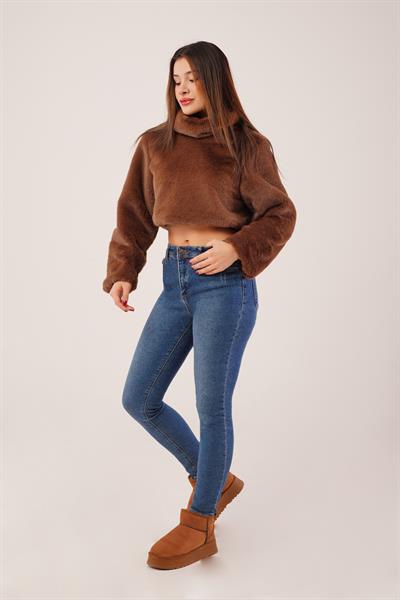 Dik Yaka Peluş Kumaş Kahve Crop Sweatshirt