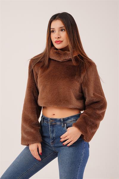 Dik Yaka Peluş Kumaş Kahve Crop Sweatshirt
