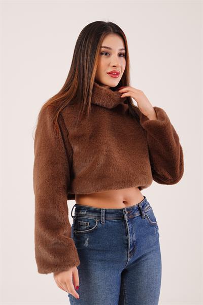 Dik Yaka Peluş Kumaş Kahve Crop Sweatshirt