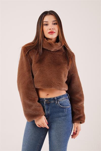 Dik Yaka Peluş Kumaş Kahve Crop Sweatshirt