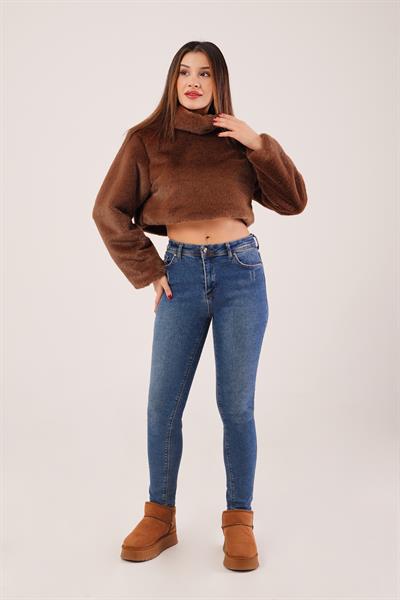 Dik Yaka Peluş Kumaş Kahve Crop Sweatshirt