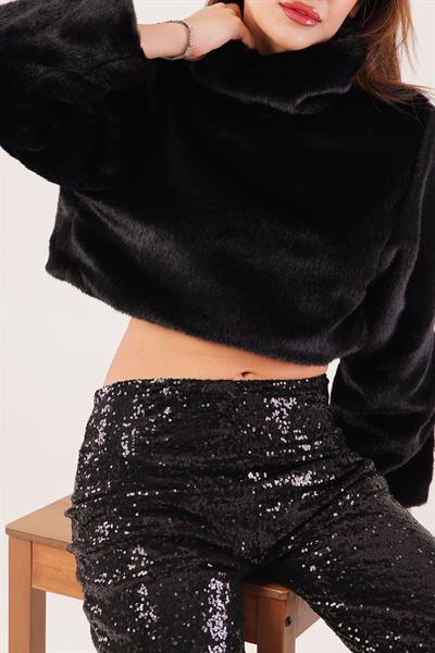Dik Yaka Peluş Kumaş Siyah Crop Sweatshirt