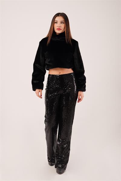 Dik Yaka Peluş Kumaş Siyah Crop Sweatshirt