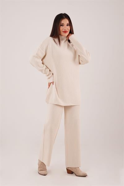 Dik Yaka Tunik Pantolon Model Bej Triko Takım