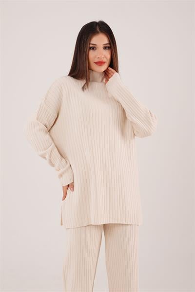 Dik Yaka Tunik Pantolon Model Bej Triko Takım