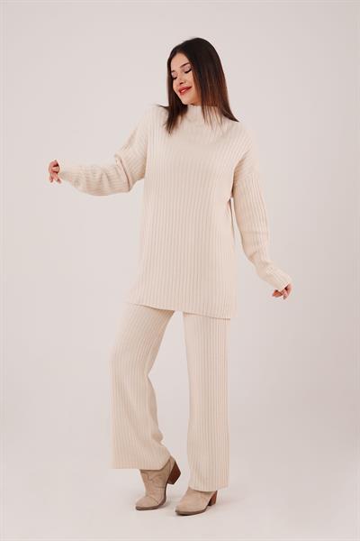 Dik Yaka Tunik Pantolon Model Bej Triko Takım