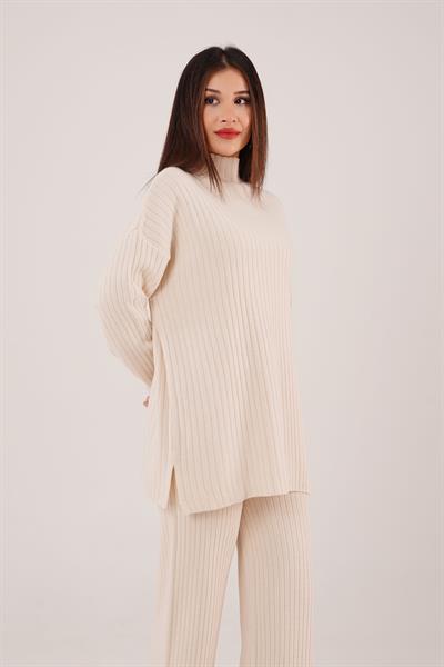 Dik Yaka Tunik Pantolon Model Bej Triko Takım