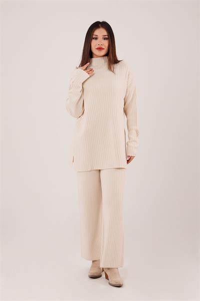 Dik Yaka Tunik Pantolon Model Bej Triko Takım