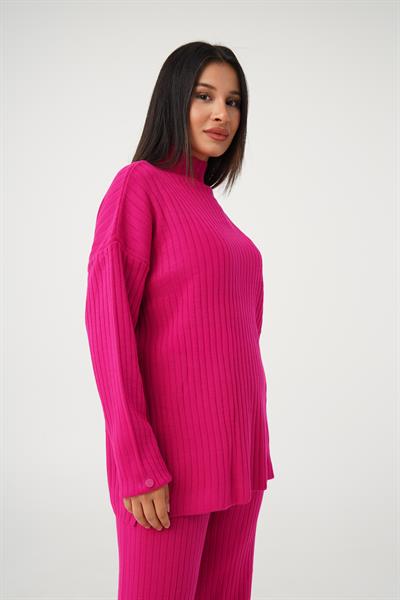 Dik Yaka Tunik Pantolon Model Fuşya Triko Takım