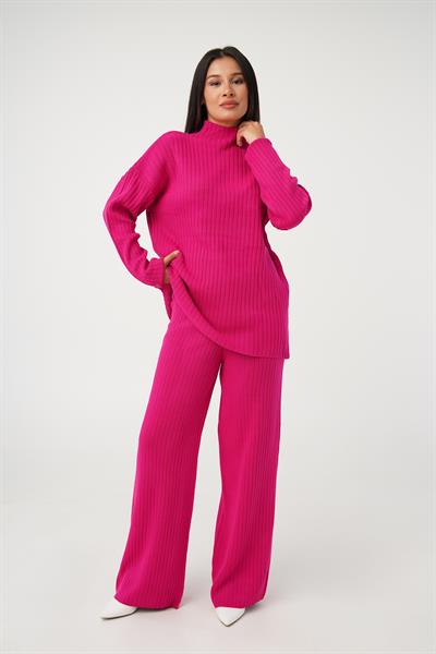 Dik Yaka Tunik Pantolon Model Fuşya Triko Takım