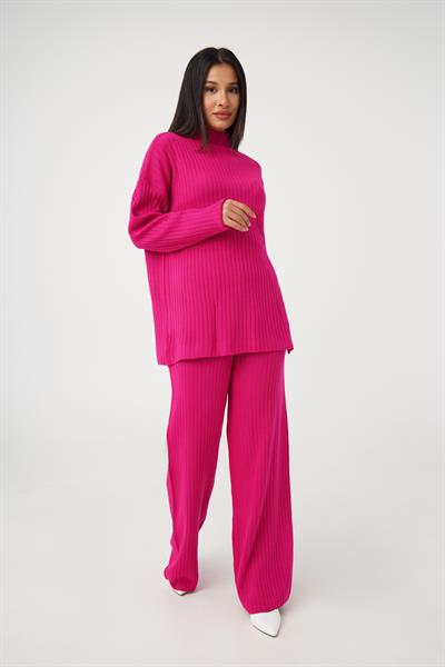 Dik Yaka Tunik Pantolon Model Fuşya Triko Takım