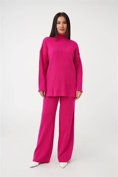 Dik Yaka Tunik Pantolon Model Fuşya Triko Takım