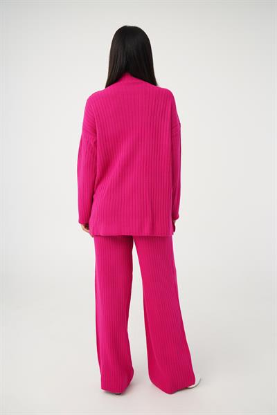 Dik Yaka Tunik Pantolon Model Fuşya Triko Takım