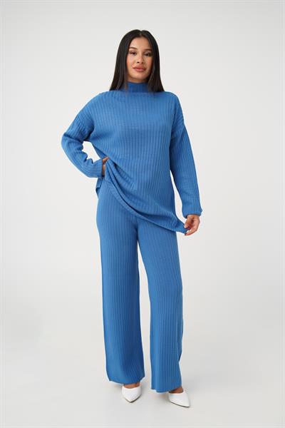 Dik Yaka Tunik Pantolon Model İndigo Triko Takım
