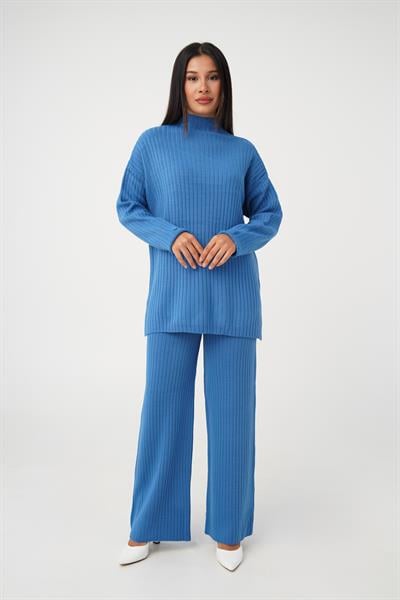 Dik Yaka Tunik Pantolon Model İndigo Triko Takım