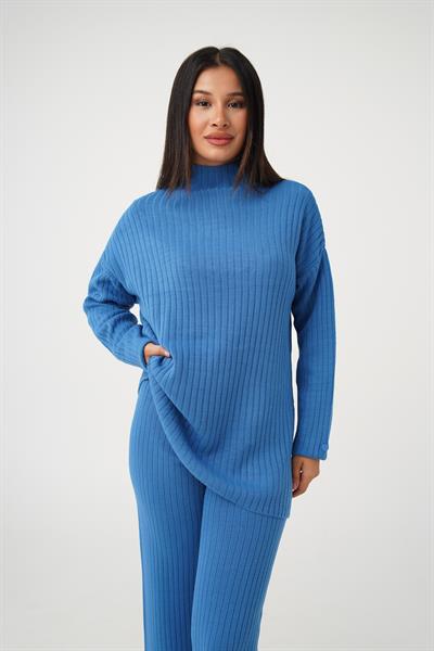Dik Yaka Tunik Pantolon Model İndigo Triko Takım
