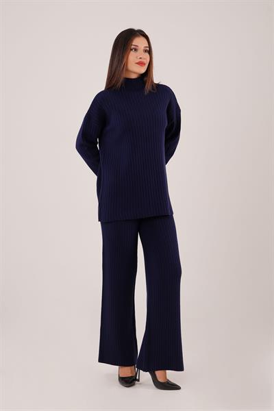 Dik Yaka Tunik Pantolon Model Lacivert Triko Takım