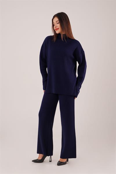 Dik Yaka Tunik Pantolon Model Lacivert Triko Takım