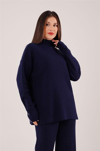 Dik Yaka Tunik Pantolon Model Lacivert Triko Takım