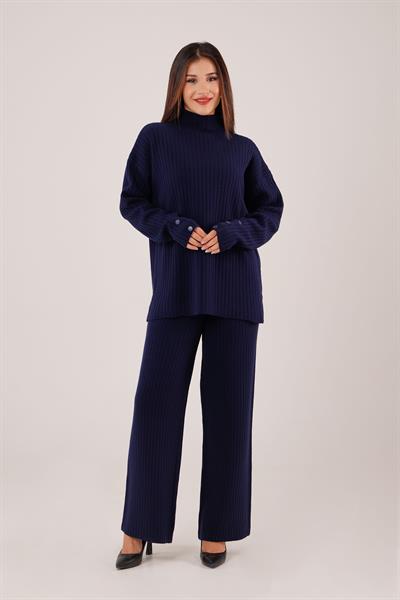 Dik Yaka Tunik Pantolon Model Lacivert Triko Takım
