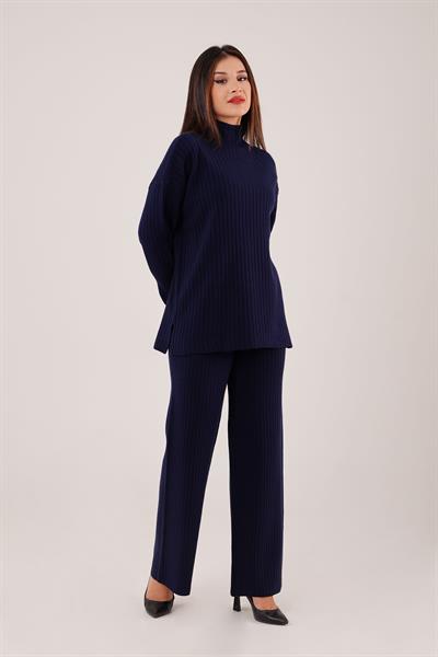 Dik Yaka Tunik Pantolon Model Lacivert Triko Takım
